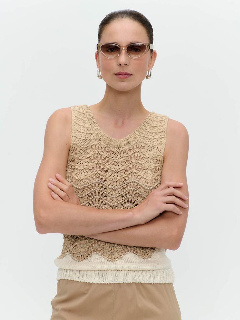 Jane Lushka Openwork Two-tone Knit Top 9061 Beige Gold