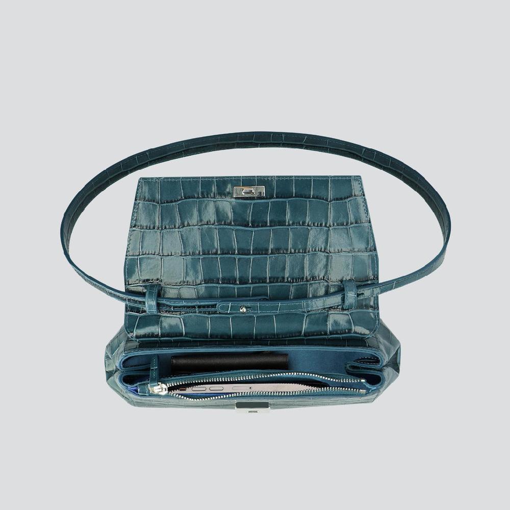 Kaai Ikon Clutch - Croco Donker Petrolblauw