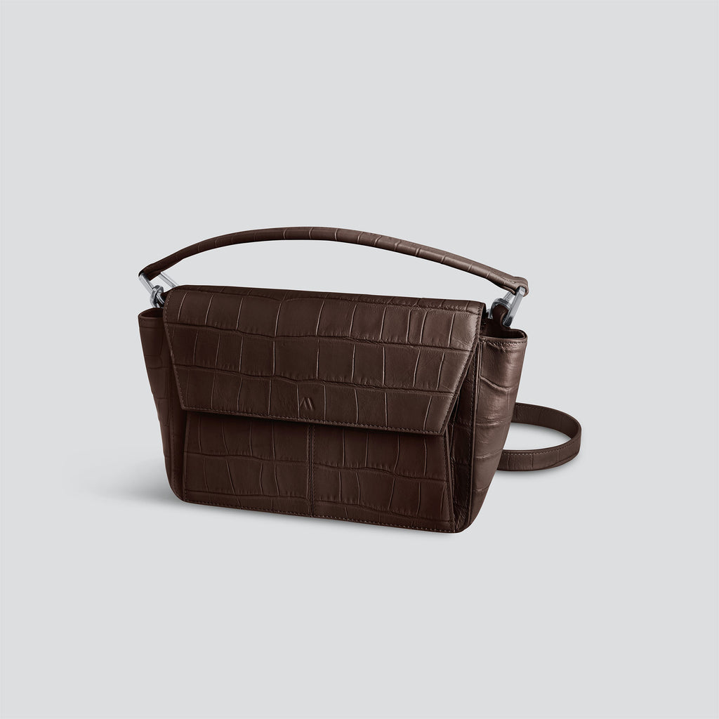 kaai Ikon Schoudertas - zacht croco espresso