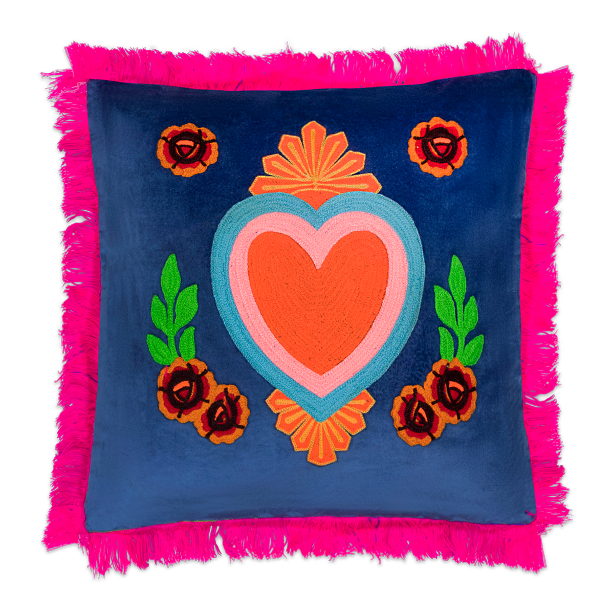 kitsch kitchen Kussen Milagro Heart donkerblauw met franje