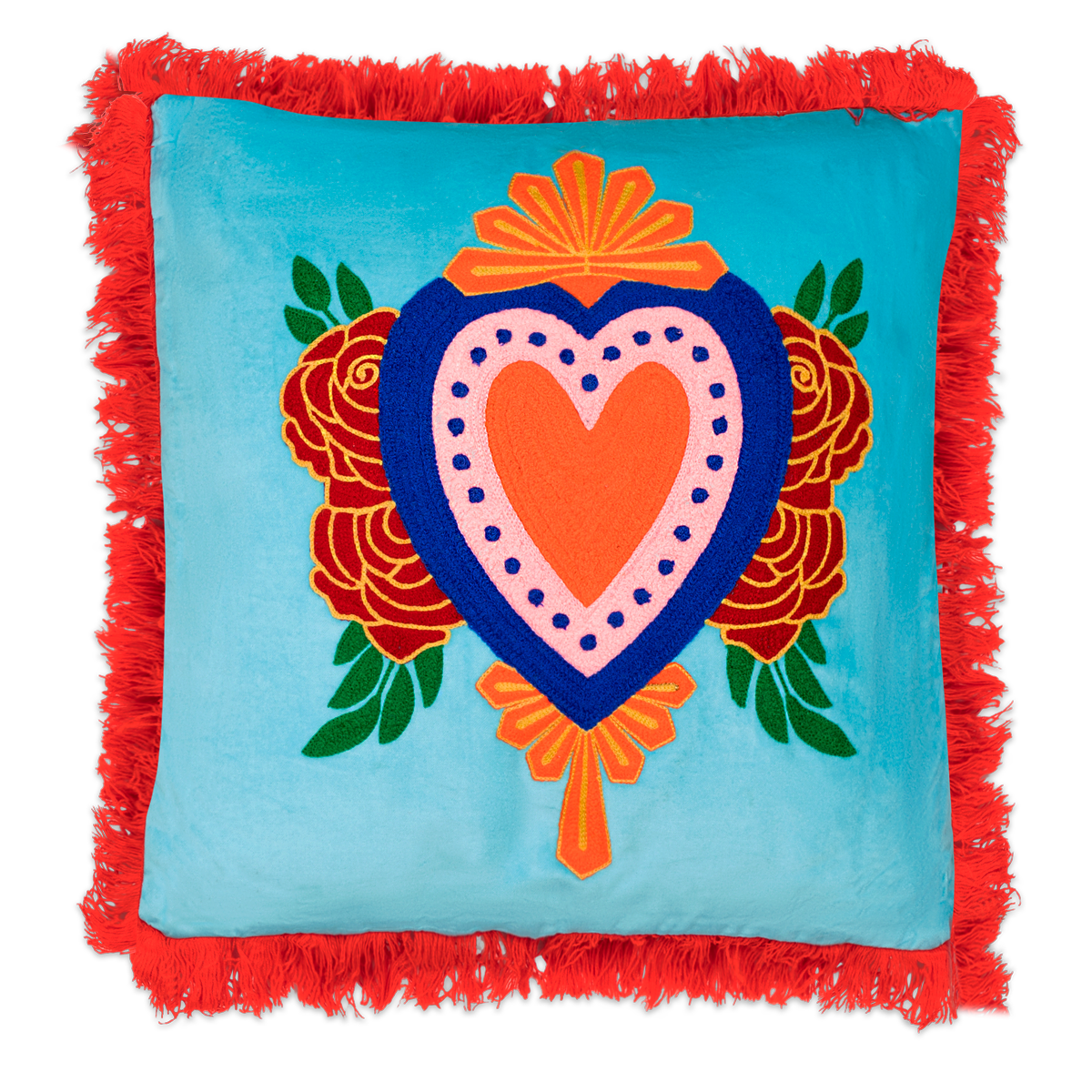 kitsch kitchen Kussen Milagro Heart lichtblauw met franje