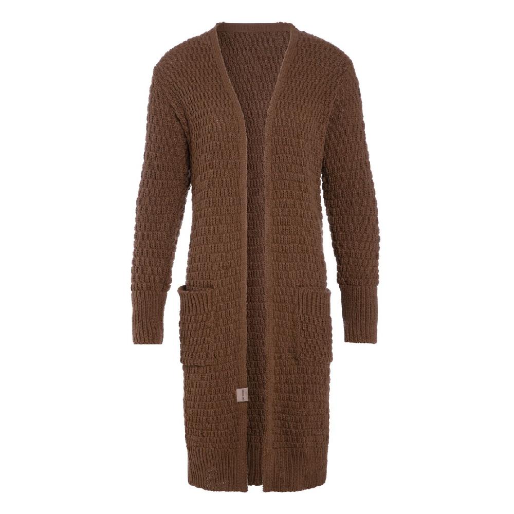 knit factory Jaida Lang Gebreid Vest Tobacco - 36/38 - Met steekzakken