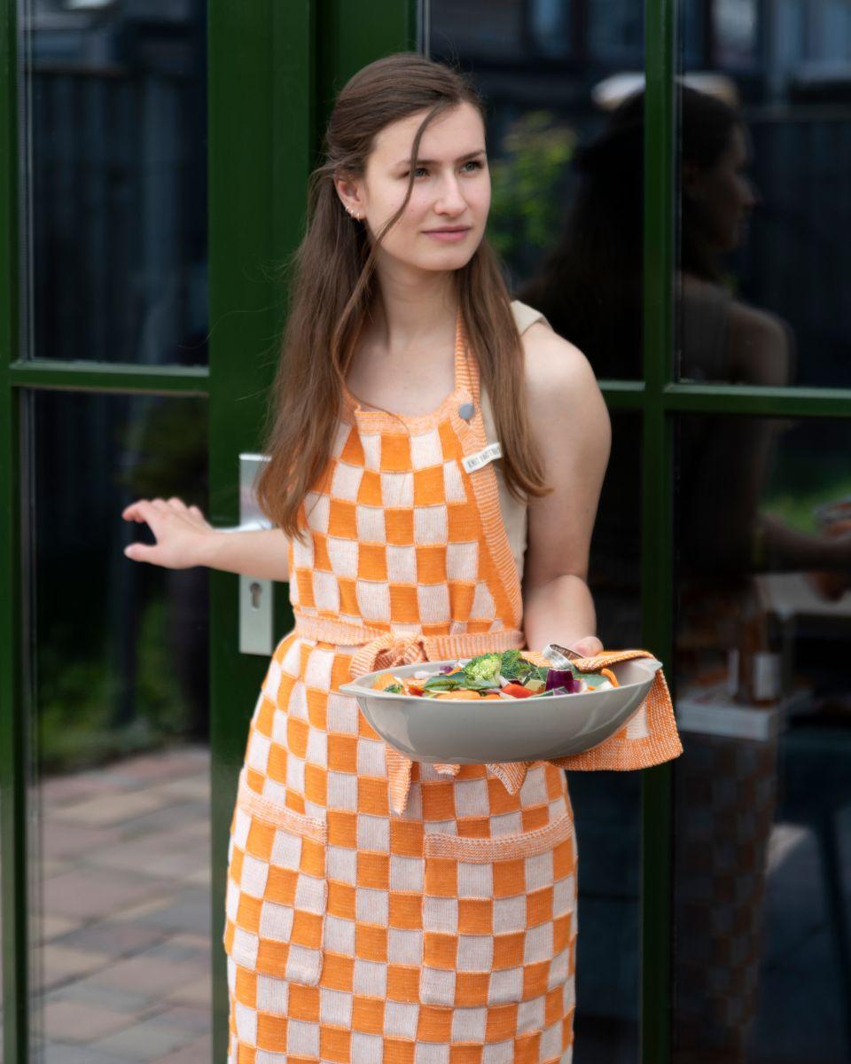 Knit Factory Keukenschort Block Ecru/Orange