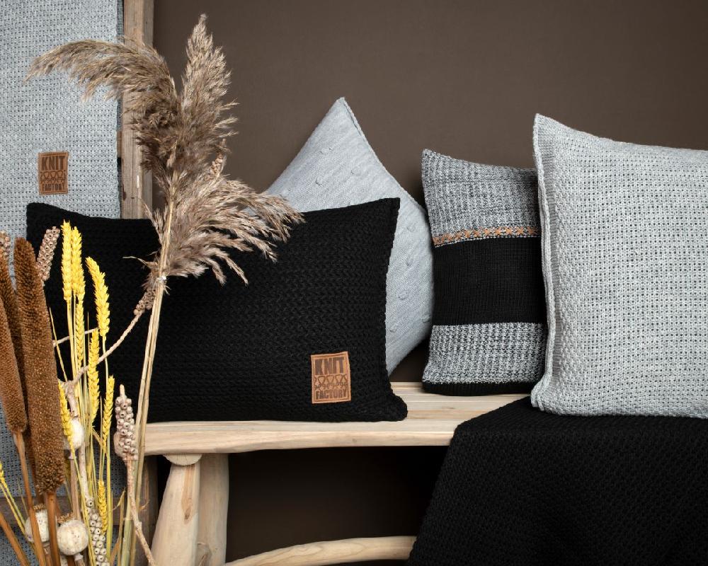 Knit Factory Roxx Kussen Zwart/Licht Grijs - 50x50