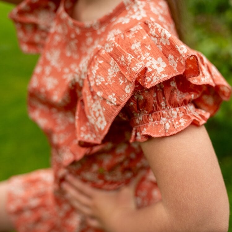 Koko Noko Koko Noko Meisjes Jurk Zachtoranje Bloemetjes Ruffles