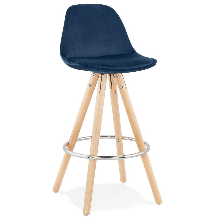 kokoon design SPIRIT MINI' mid-height snack stool in blue velvet and natural wood legs