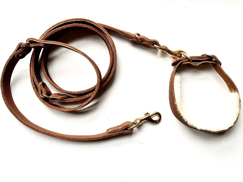 léonny cha De aanpasbare driepunts hondenriem van leer of biothane handgemaakt in ons atelier