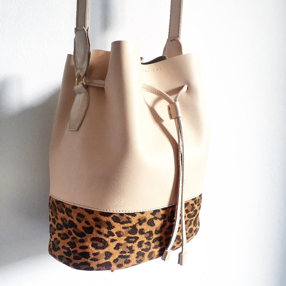 léonny cha Nude Leather and Leopard Print Bucket Bag – Handmade in France Compact & Stylish