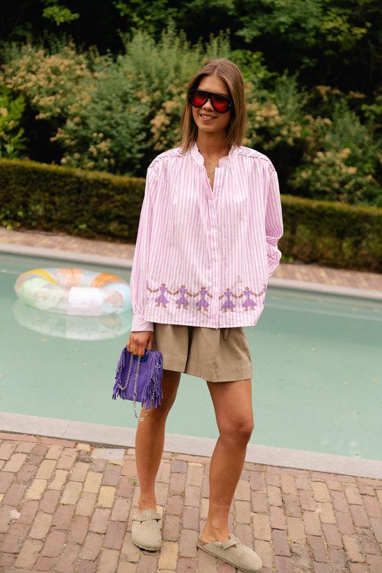 Les Jumelles Capucine Geborduurd Shirt Roze Strepen