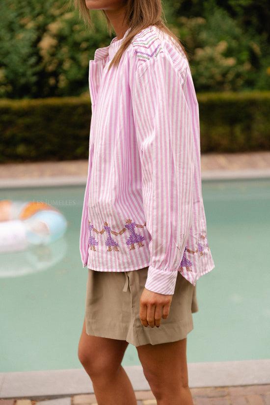 Les Jumelles Capucine Geborduurd Shirt Roze Strepen