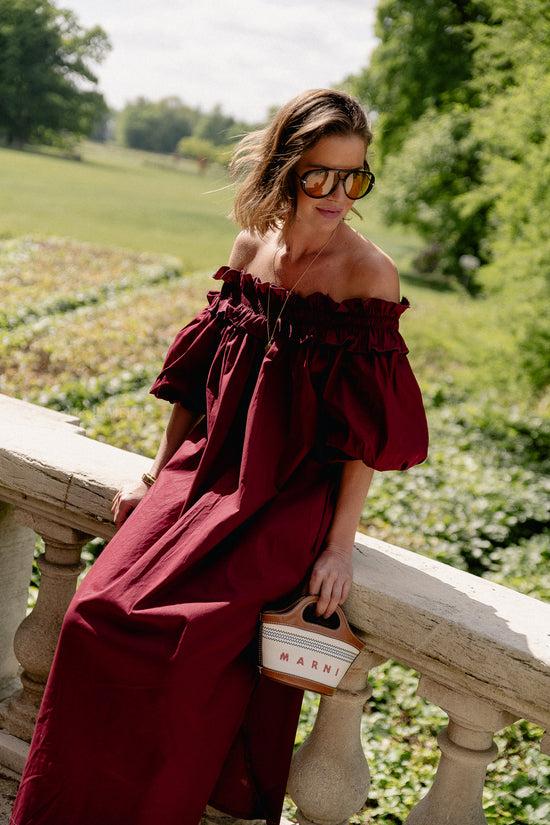 les jumelles Eleonore off-shoulder maxi-jurk bordeauxrood