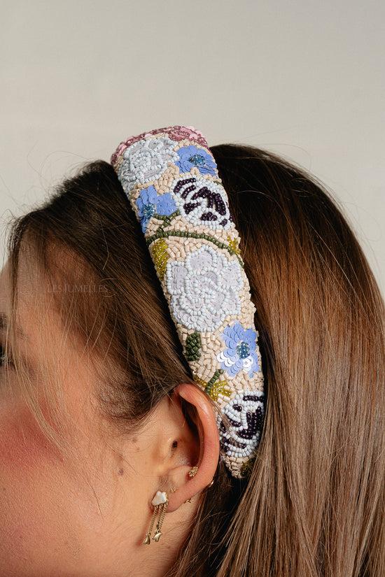 les jumelles Fleuriora wide beaded hairbrace birch white