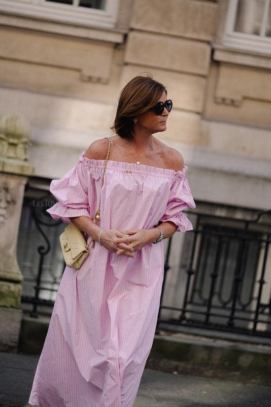 Les Jumelles Isabeau Off Shoulder Maxi Dress Pink/white