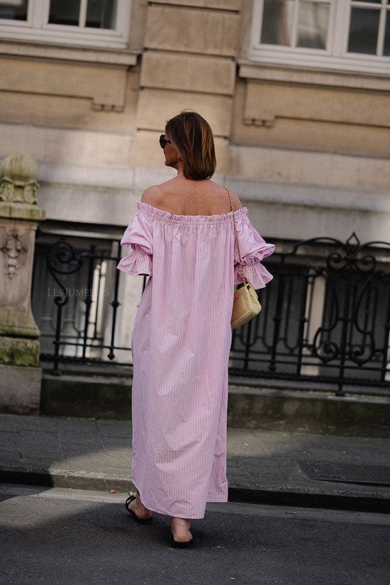 Les Jumelles Isabeau Off Shoulder Maxi Dress Pink/white