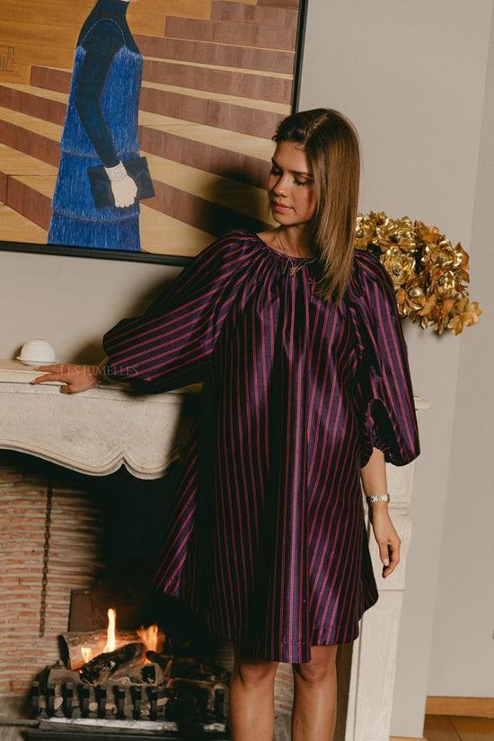 les jumelles Bella striped dress navy/burgundy