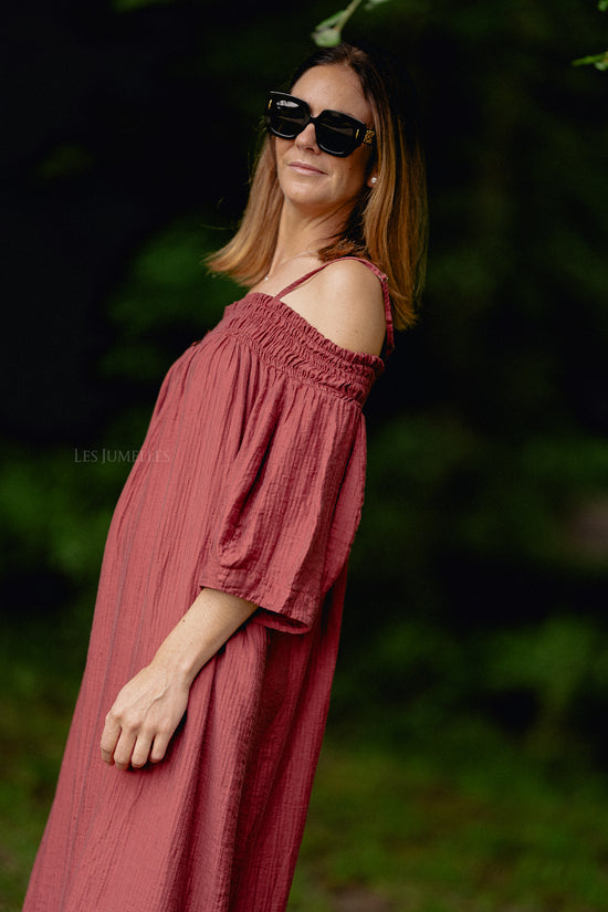 Les Jumelles Judith Off Shoulder Jurk Wijnrood