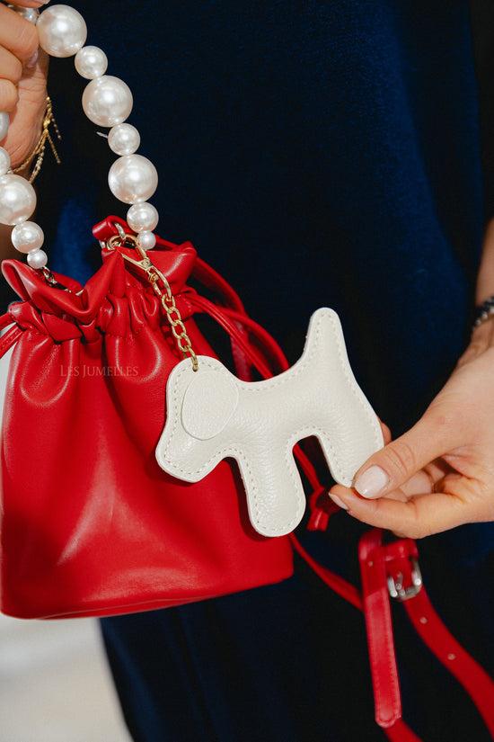 les jumelles Leren honden sleutelhanger ecru