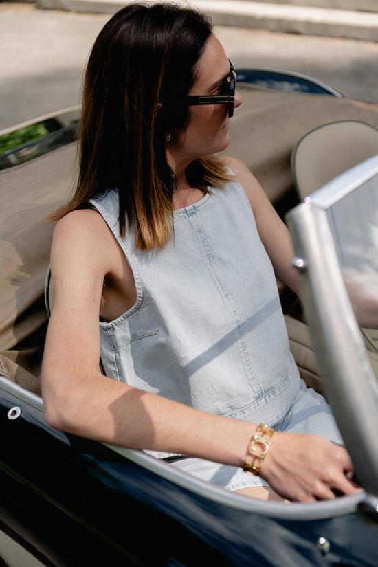 les jumelles Raina denim top ultra lichtblauw