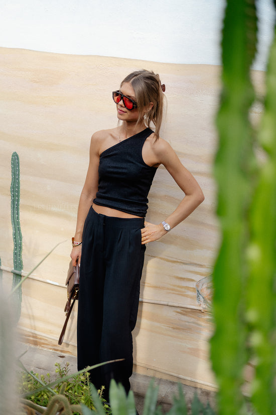 Les Jumelles SLFAya One Shoulder Glitter Top Black