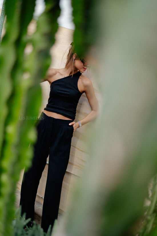 Les Jumelles SLFAya One Shoulder Glitter Top Black