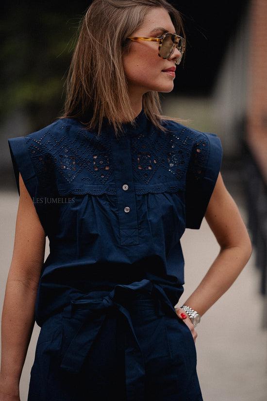 Les Jumelles Ludy Embroidered Blouse With Buttons Midnight Blue