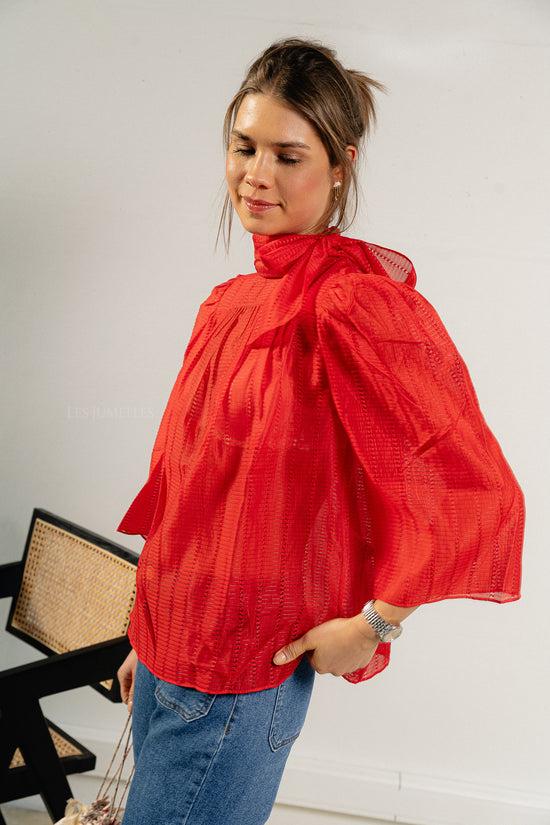 Les Jumelles Pointelle High-neck Bow Blouse Flame Red