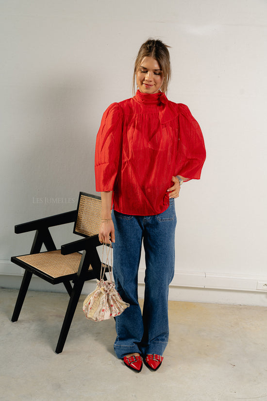 Les Jumelles Pointelle High-neck Bow Blouse Flame Red
