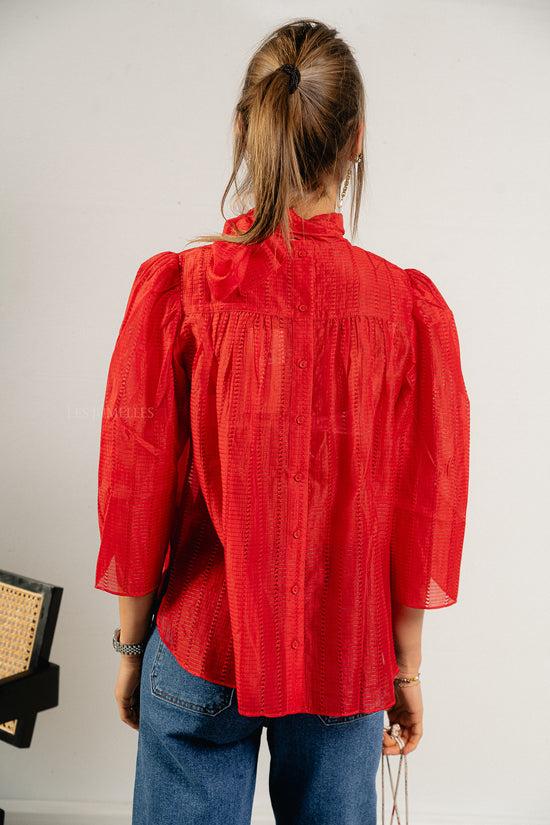 Les Jumelles Pointelle High-neck Bow Blouse Flame Red