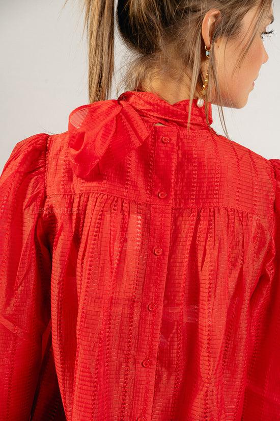 les jumelles Pointelle high-neck bow blouse flame red