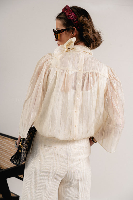 Les Jumelles Pointelle High-neck Bow Blouse Vanilla