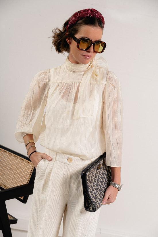 Les Jumelles Pointelle High-neck Bow Blouse Vanilla