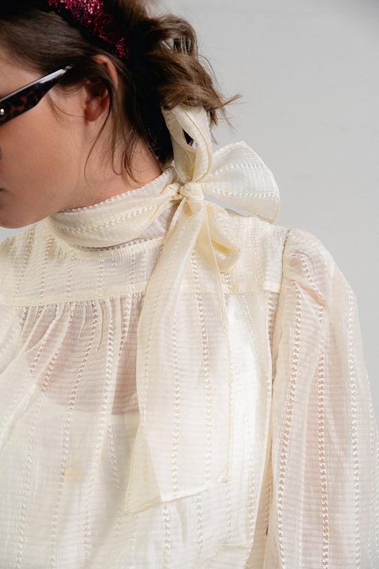Les Jumelles Pointelle High-neck Bow Blouse Vanilla