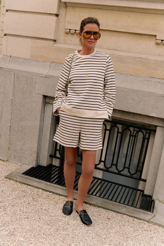 Les Jumelles SLFElise LS O-hals Brede Gestreepte Sweater Zwart/ecru