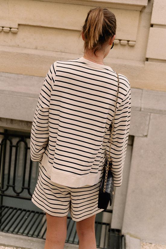 Les Jumelles SLFElise LS O-hals Brede Gestreepte Sweater Zwart/ecru