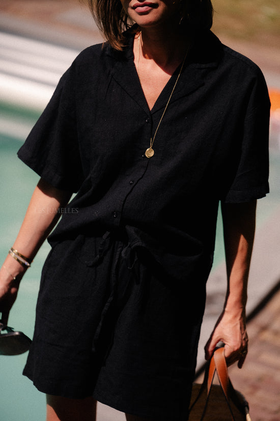 Les Jumelles SLFLuisa 2/4 Linnenmix Revers Overhemd Zwart