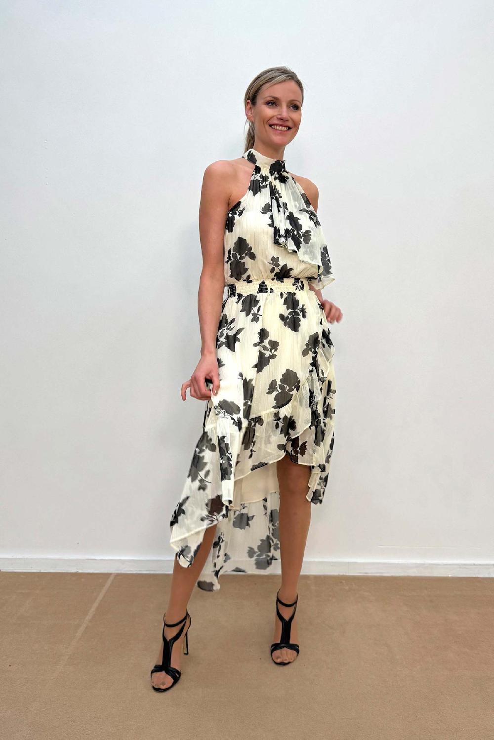 linea raffaelli Cream & black printed halter dress