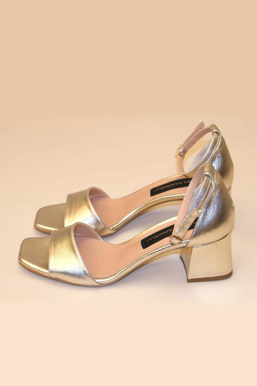 linea raffaelli gold strappy block heels