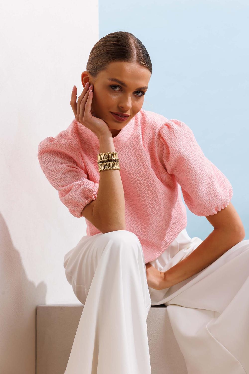 linea raffaelli Pink jacquard crop top & white pants