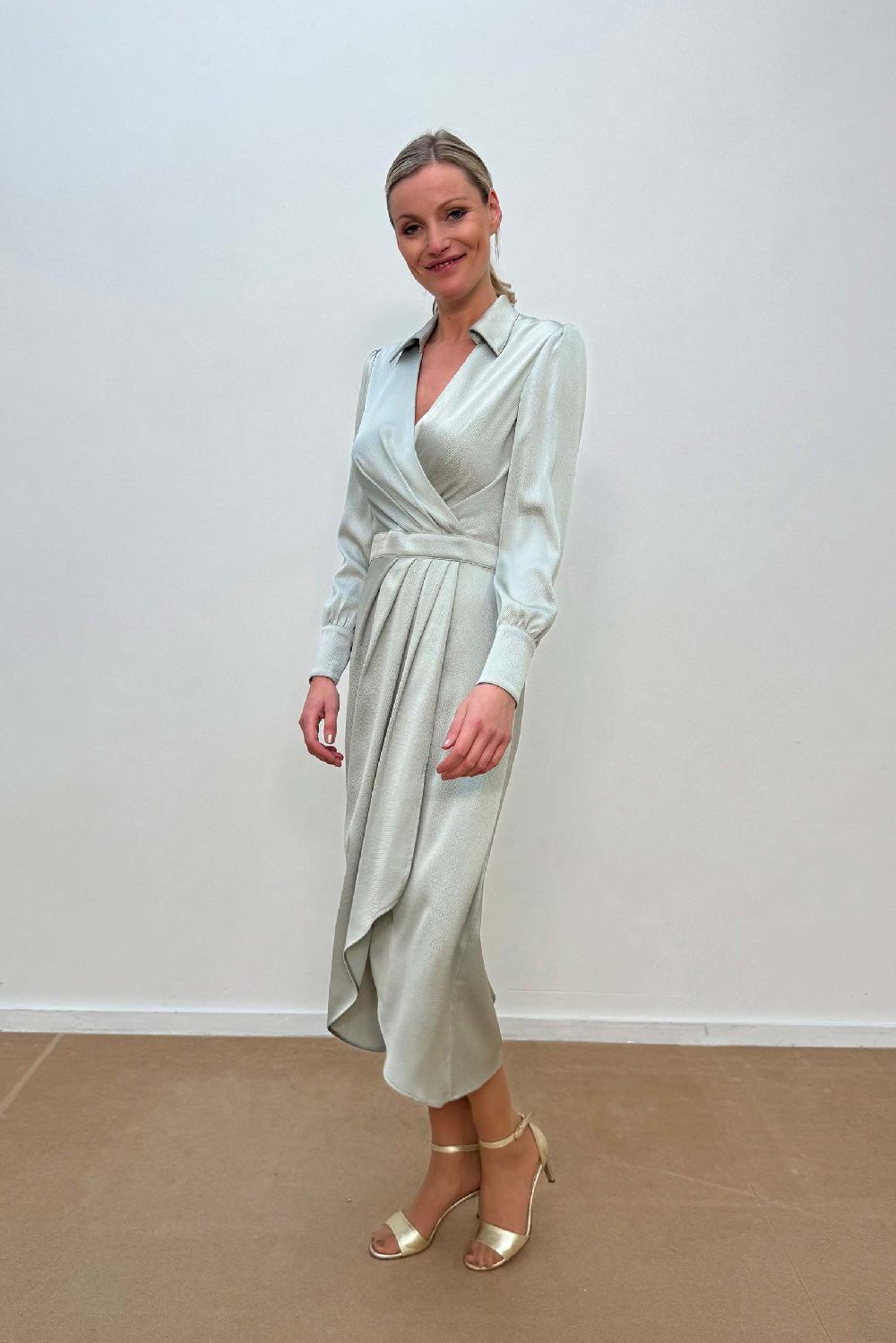 Linea Raffaelli Silver Green Satin Dress