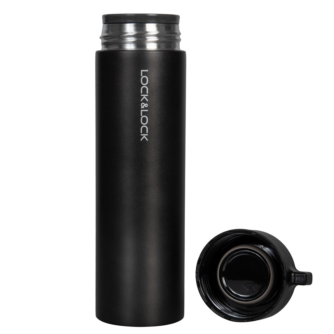 Lock & Lock Knob Tumbler HOT&COOL Thermosfles 400 Ml Met Gravering – Zwart