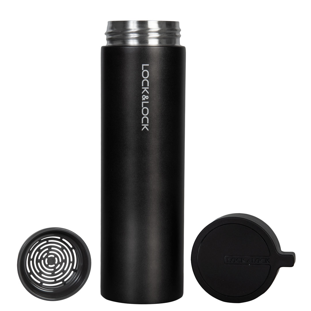 Lock & Lock Knob Tumbler HOT&COOL Thermosfles 400 Ml Met Gravering – Zwart