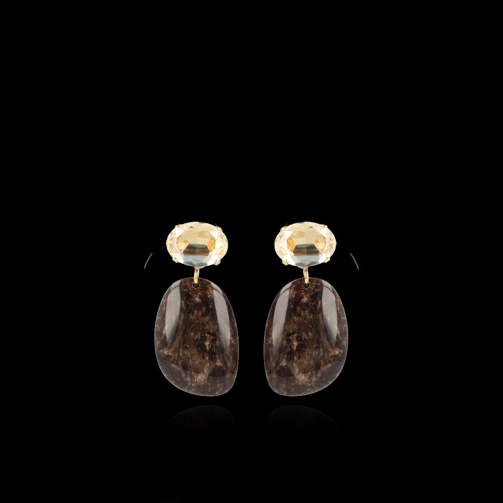 Lott. Gioielli Marble Donker Bruine Oorbellen Hazel Asymmetrisch Ovaal S Strass