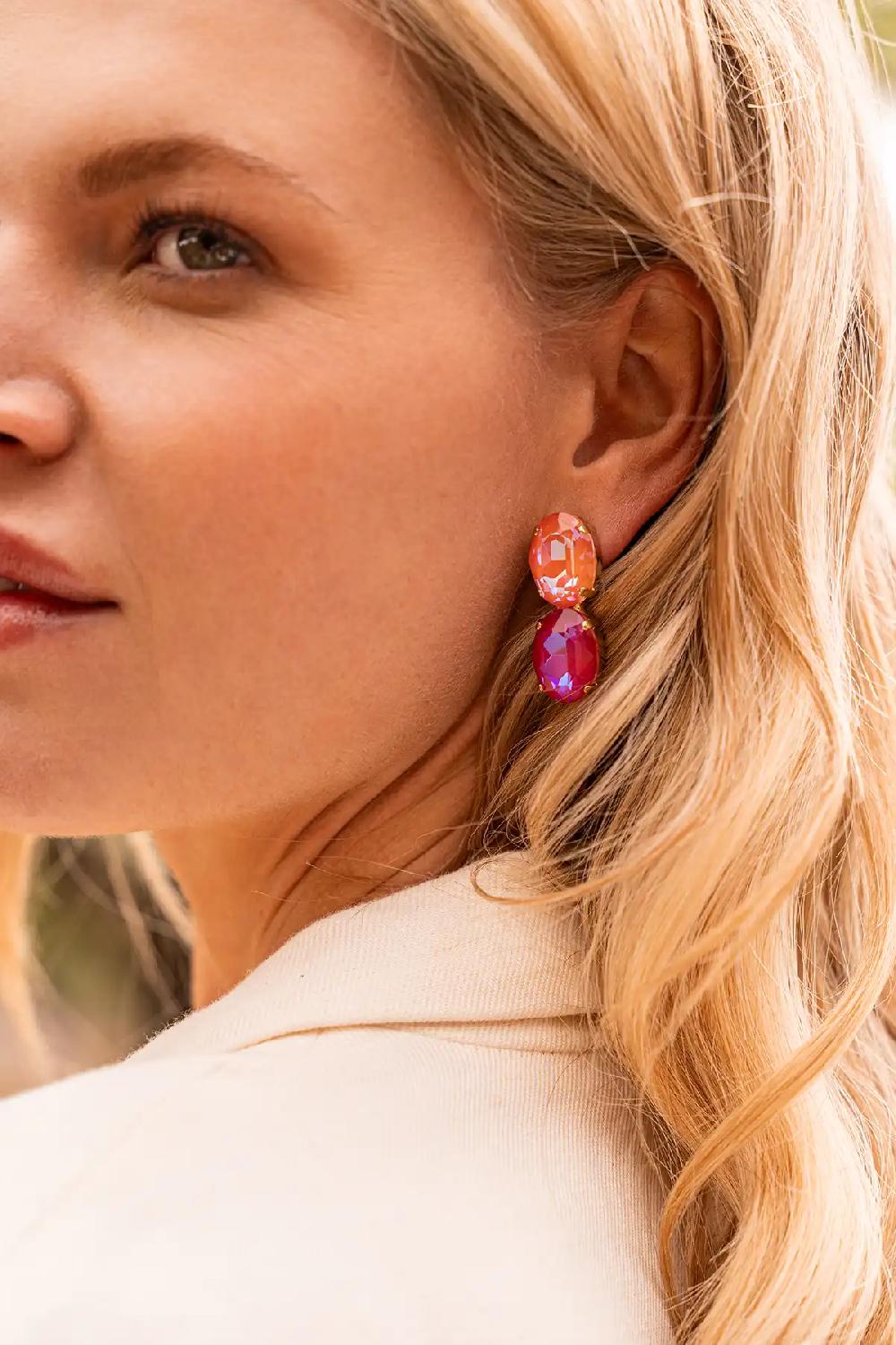 Lott. Gioielli Oranje Fuchsia Oorbellen Maudi Dubbel Ovaal Strass