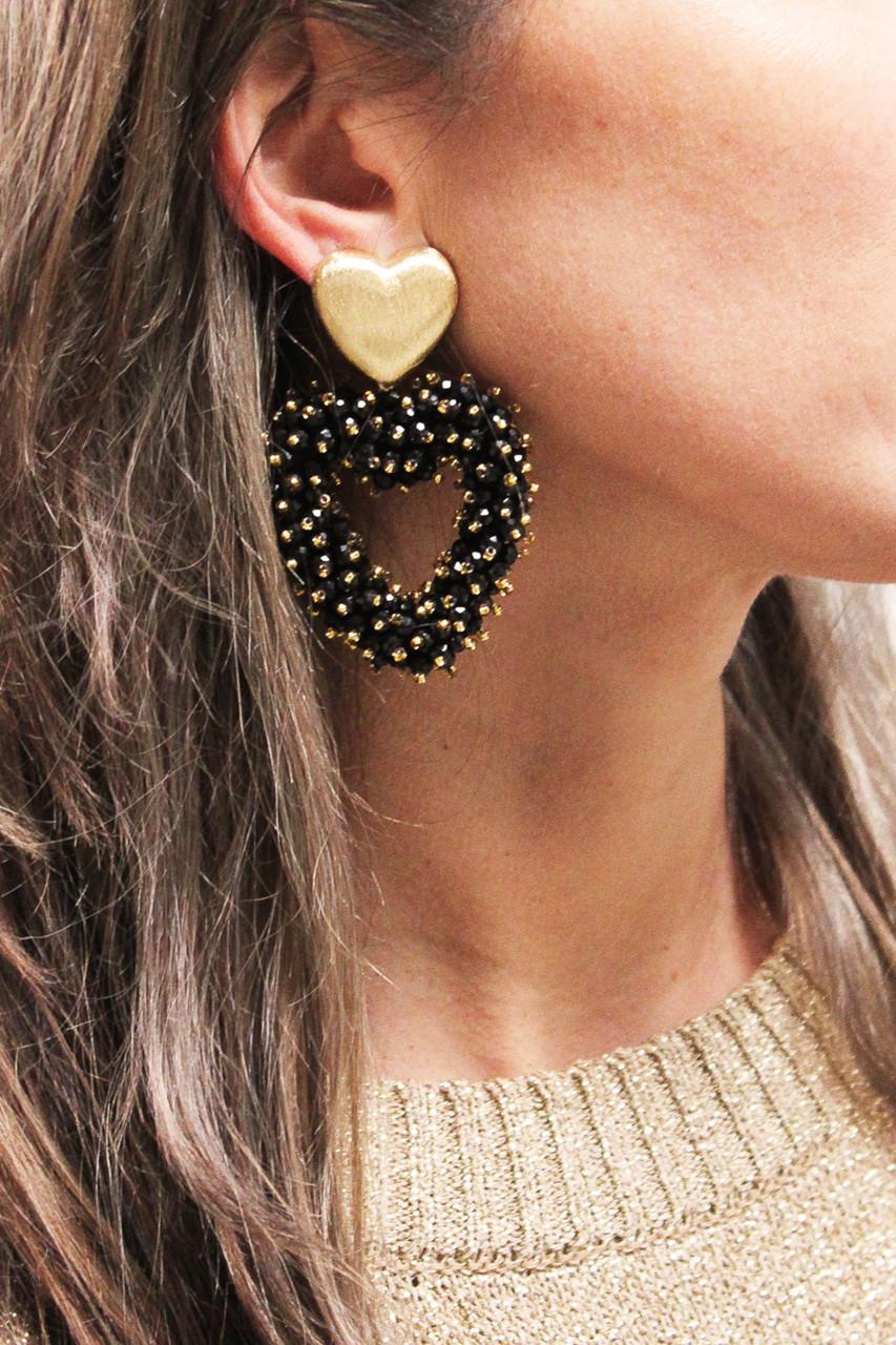 Lott. Gioielli Zwarte Oorbellen Valentina Brushed Hart Double Stones