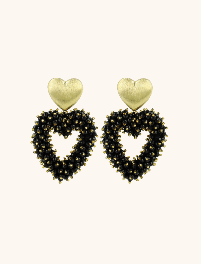 lott. gioielli Zwarte Oorbellen Valentina Brushed Hart Double Stones