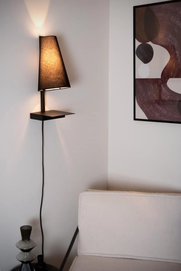 Lucide Lucide GREGORY - Bedlamp / Wandlamp - 1xE27 - Met USB Oplaadpunt - Zwart