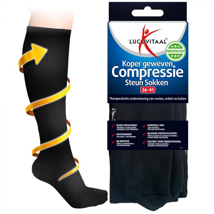 lucovitaal Koper Geweven Compressie Steun Kousen (Zwart)