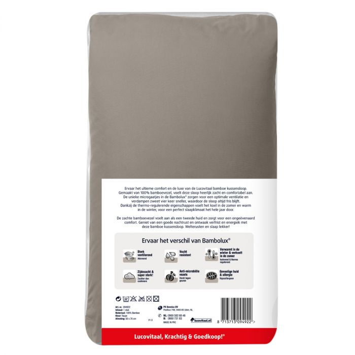 Lucovitaal 100% Bamboe Kussensloop Taupe 50 X 70 Cm