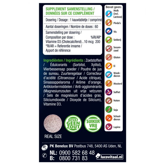 Lucovitaal Vitamine D3 10 Mcg (400IE) Vegan Kauwtablet