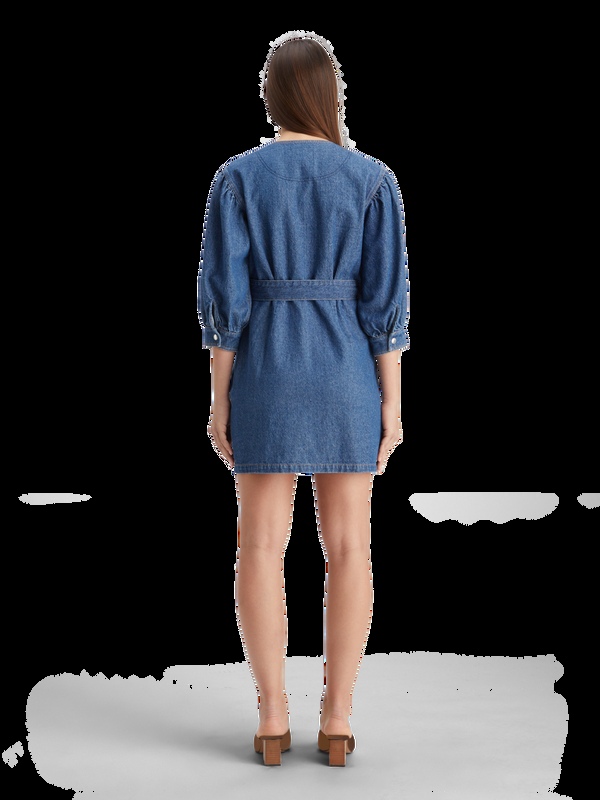 Maison Scotch Gewassen Denim Jurk Met V-hals En Riem